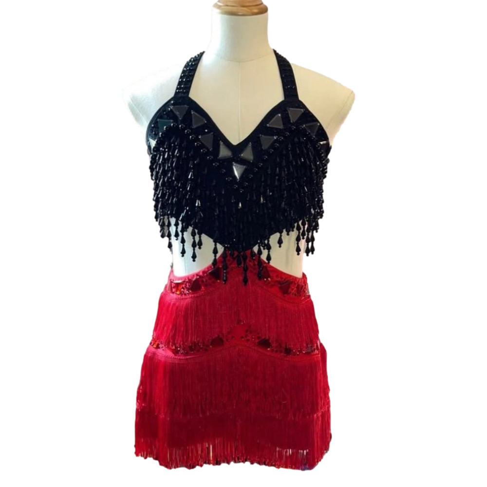 Glamour Costumes Red & Black Beaded Fringe Dance Costume – Adult Small